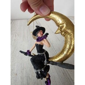 Vintage Katherine's collection witch broom Moon ornament Halloween glitter